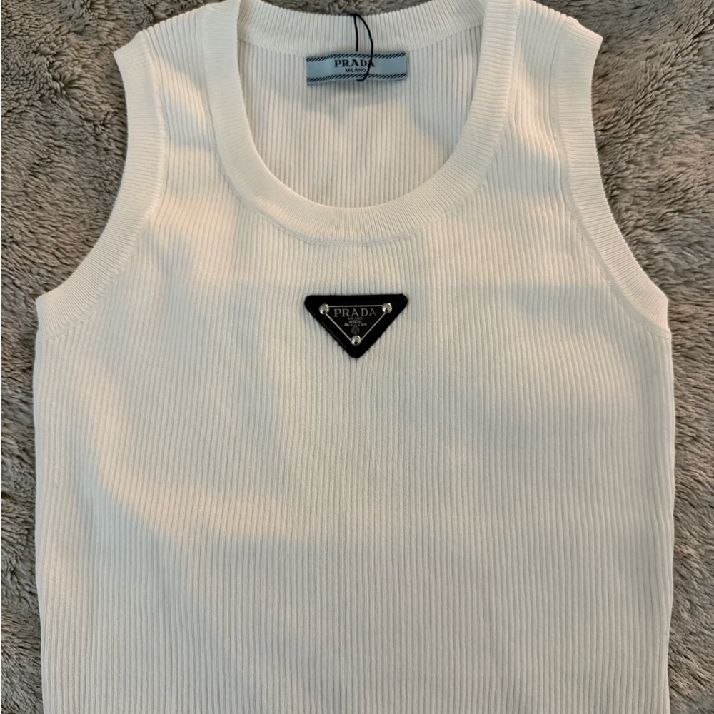 Prada White Fitted Ribbed Sleeveless Top